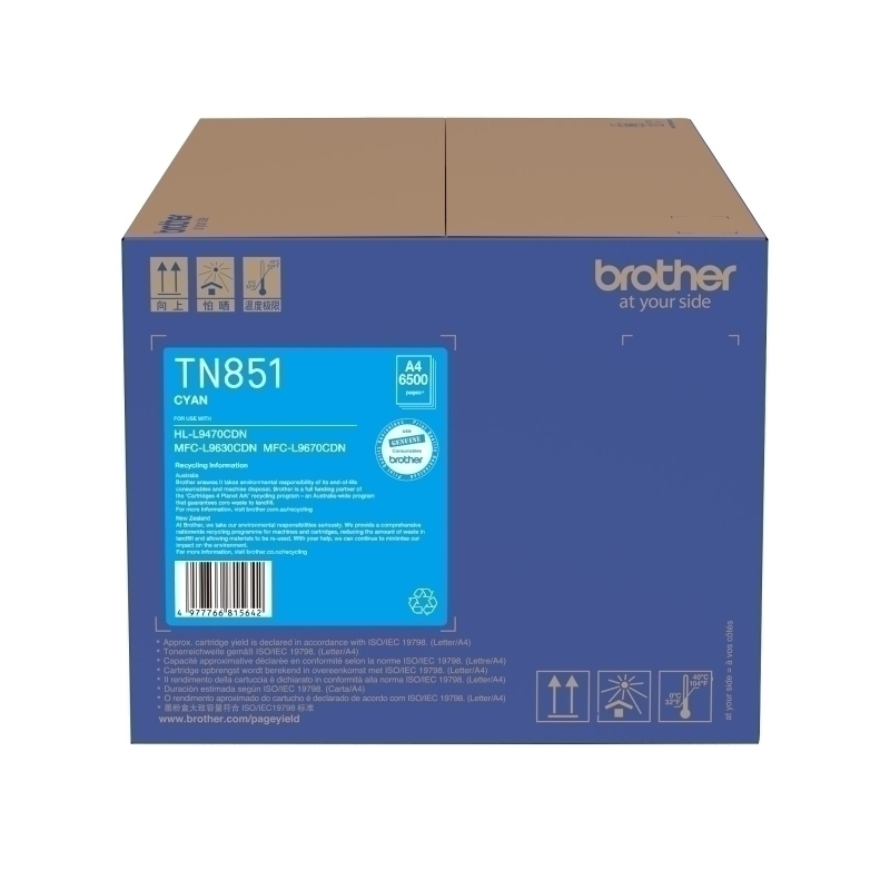 Brother TN851C Cyan Toner Cartridge - 6,500 pages suit yield - MFCL9670CDN, MFCL9630CDN, HLL9470CDN TN-851C - TPC need an order of at least 2x items to be able to do free delivery